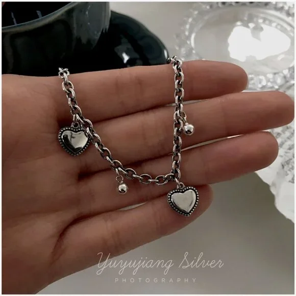 #NEW 925 Sterling Silver Vintage Heart Bead Bracelet - Picture 2 of 11